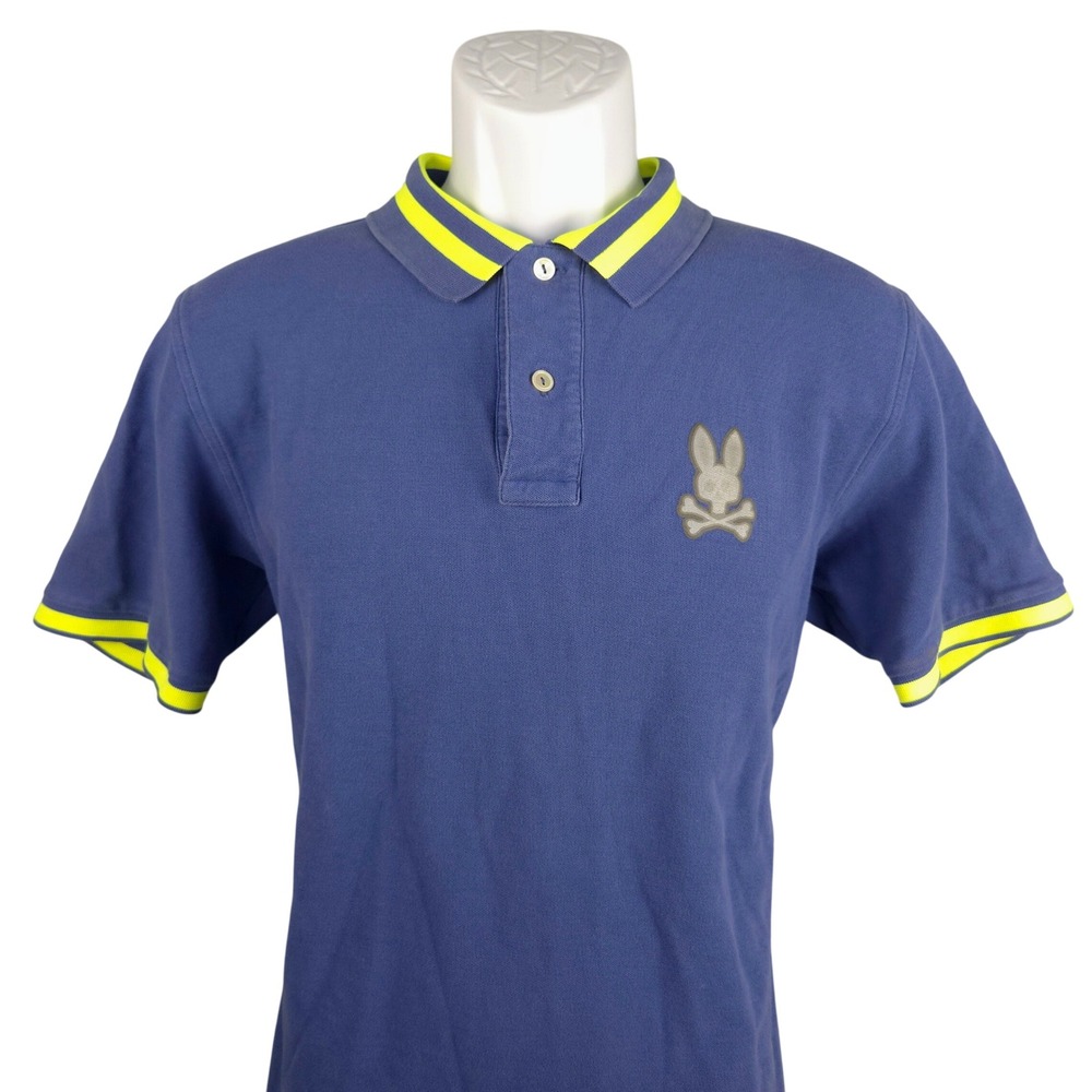 Psycho Bunny Mens Pima Cotton Polo Shirt Blue Neon Yellow Tipped Size 6 M